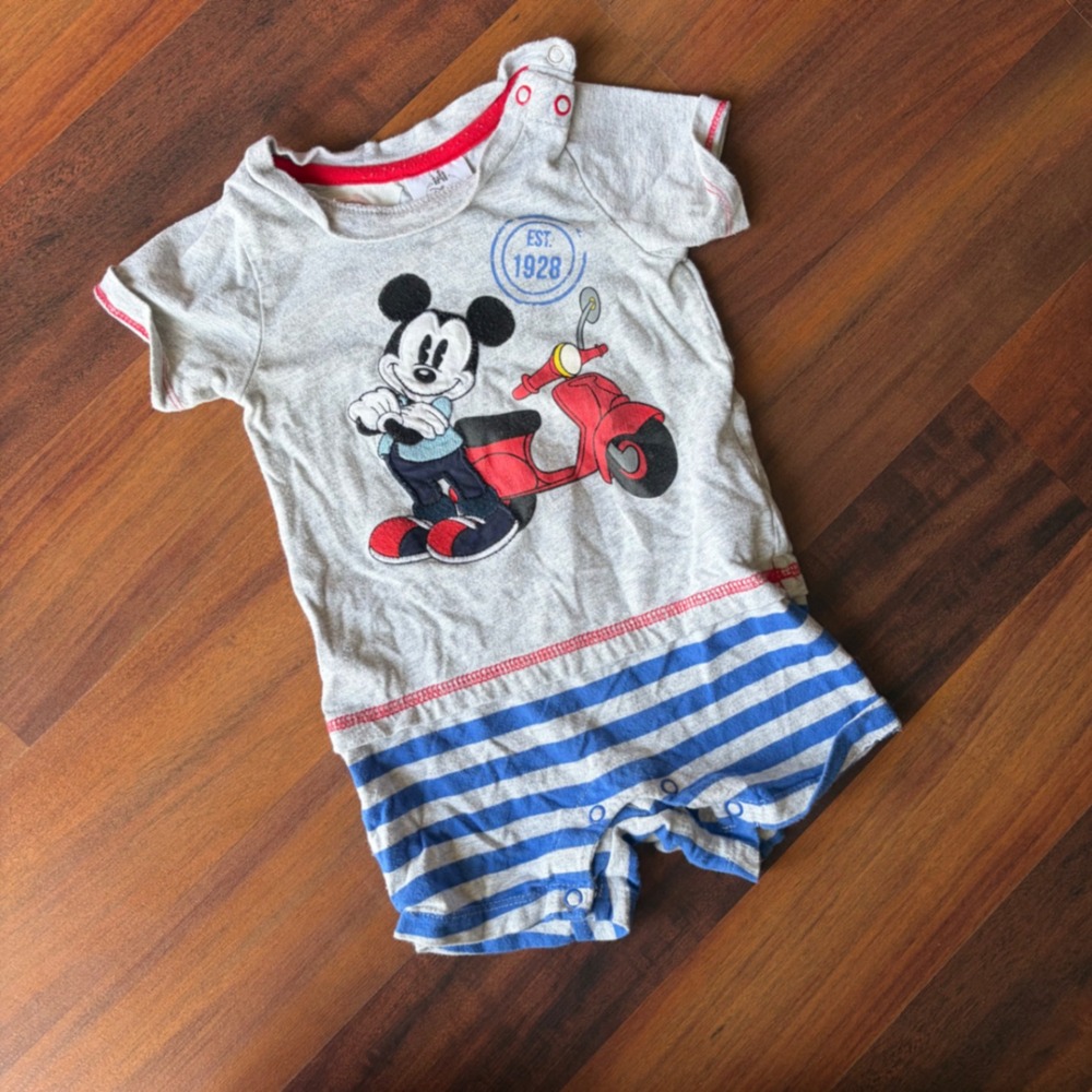 Disney Baby Mickey Mouse Scooter Romper Grey Blue Striped 12-18 Months